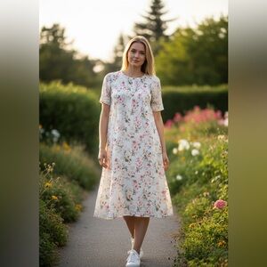 Maternity Floral Peach and Green Midi Dress